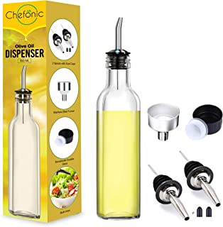 Glass Olive oil dispenser 500 ml, with 1 Funnel For Easy Refill, 2 Stainless Steel Pourer, Clear Borosilicate Oil Bottle for Kitchen, Cooking Oil Container