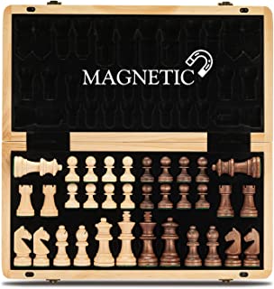 A&A 15" Magnetic Wooden Chess Set /Folding Board / 3" King Height German Knight Staunton Chess Pieces / Walnut & Maple Inlaid /2 Extra Queen /Board Games Chess Sets for Adults and Kids