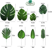 78 pieces of 8 kinds of fake leaves, tropical palm leaves, monstera leaves, artificial leaves for safari parks, Hawaiian dinosaurs, banquet table decoration, wedding and birthday themed parties