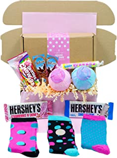 Gift Box Pamper and Treats Hamper with Shea Butter Jumbo Bath Bombs, Bamboo Socks, Hot Chocolate and Treats by Inside the Box Gifts