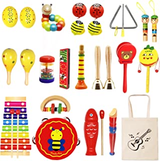 Vykor Toddlers Musical Instruments 24 Pcs Kids Wooden Music Toys Musical Percussion Drum Set for Boys Girls 1 2 3 4 5 Years Olds 12 Months Up Promotes Early Development and Educational Learning