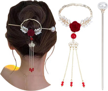 NICENEEDED Sparkle Pearls Hair Sticks, Glossy Beaded Tassels Hair Slide Hairpins for Long Hair Decoration, Red Rose Chignon Buns Holder Clips for Women and Girls