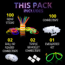 Ammy Glow UK-100 Premium Glow Sticks for Children- Adults-205 Pcs-Glow In The Dark Eye Glasses kit-Bracelet Connectors- Necklaces and Balls -12 hour Non Stop Glow for Party Supplies- Non Toxic