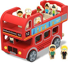 Woody Treasures Wooden Toys London Bus Toy - Double Decker Red Bus Toy for Ages 3 & Up - Includes 8 Figures - Educational & Fun for Kids, Toddlers, Preschoolers, Girls & Boys