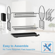 2 Tier Black Dish Drainer Rack with Drip Tray, Stainless Steel Draining Dish Rack drainer with Draining Board and Utensils Holder, Dish Drying Rack Kitchen Drainer for Small Kitchen Countertop