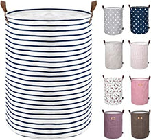 DOKEHOM 18-Inches Freestanding Laundry Basket with Lid, Collapsible Large Drawstring Clothes Hamper Storage with Leather Handle (Blue Stripe, M)