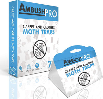 Ambush Pro CARPET AND CLOTHES MOTH TRAPS. 7 Pack of Toxin-Free, Sticky Pheromone Traps that attract and kill Carpet Moths and Clothes Moths.