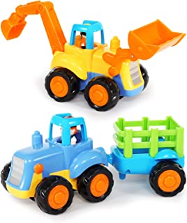 Early Education 1 Year Olds Baby Toy Push and Go Friction Powered Car Toys Sets of 2 Tractor, Bulldozer for Children Kids Boys Girls, Pull-Along Trucks for 2 Year Old, Birthday Christmas Party Gift