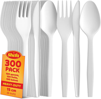 Shefa Pack of 300 White Plastic Cutlery Set - 100 Spoon, 100 Fork, 100 Knife - Reusable & Washable, Heavy Duty Cutlery, 5.7" Long Tablespoon - Ideal for Birthday, Parties, Camping, Catering (300 pcs)