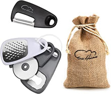 5 Pieces Kitchen Gadgets Set - Space Saving Kitchen Accessories Cheese Chocolate Grater, Fruit Vegetable Peeler, Bottle Opener, Pizza Cutter, Burlap Bags with Drawstring Gift Set……