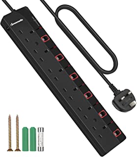 DEWENWILS 6 Way Surge Protected Extension Lead with Individual Switches and Indicator Lights, 3 Meters Extension Cable, 13Amp 6Gang Power Strip Lead, Black