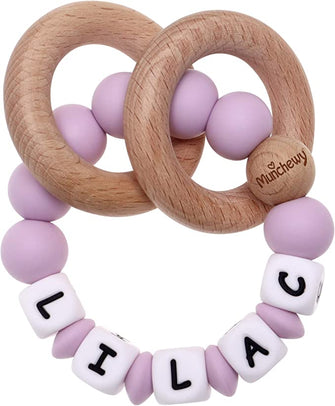 Munchewy Baby Rattle Teether Personalised Name, Customised Grasping Activity Shaker Grab and Spin Rattles, Early Educational Toys with Wood Teething Rings for Newborn Infant Toddler - Lilac