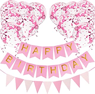 Pink Happy Birthday Banner Decoration, Girls Birthday Decoration Supplies 15Pcs Birthday Party Decoration Set Birthday Banner Bunting 12 Inch Large Latex Pink Confetti Balloons for Multiple Ages