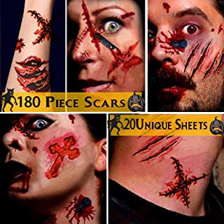 Alintor Halloween Make up Tattoos, Halloween Makeup Accessories Face Tattoo Stickers, 180 PCS(5 Large+15 Small) Fake Blood Scars Wounds Zombie Tattoo, Halloween Costumes for Women Men Kids Tattoo