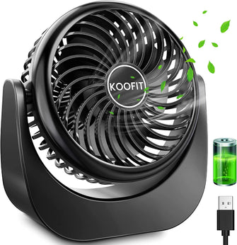 KOOFIT Desk Fan, USB Fan Silent Powerful Table Fan for Bedroom, Mini Desk Fan USB Rechargeable, 360 Rotation Portable Desktop Fan for Office, Home, Bed, Car, Camping, Travel, Gift, Black