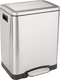 Amazon Basics 2x15L Dual Compartment Dustbin with Steel Bar Pedal, Soft-Closing Mechanism for Home and Office Use - Rectangular, Satin, Stainless Steel