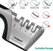 longzon Knife Sharpener, Professional 4 Stage Manual Sharpener for Sharpening Kitchen Knives and Scissors With Cut Protection Gloves for Chef and Home- Gray