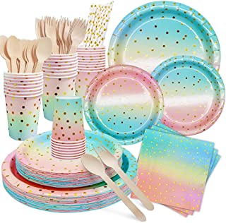 DN DENNOV Rainbow Colors Party Tableware 168Pieces Paper Tableware Set Includes Paper Plates Napkins Cups Forks Spoons for Wedding Shower Engagement Wedding Birthday (24 Guests)-Blue&Pink&Gold