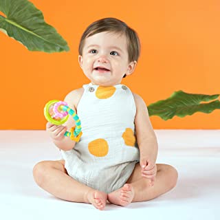 Bright Starts, Grab and Spin Baby Rattle Toy and Textured Teether Ring, Soothing relief, Multisensory Stimulation, Massages Sore Gums, Easy to Hold, BPA-free, Ages 3 Months +