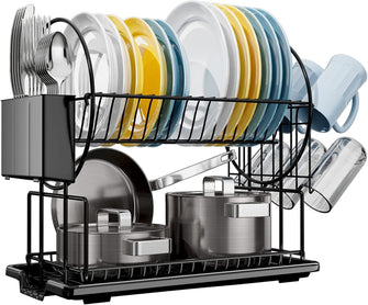 2 Tier Black Dish Drainer Rack with Drip Tray, Stainless Steel Draining Dish Rack drainer with Draining Board and Utensils Holder, Dish Drying Rack Kitchen Drainer for Small Kitchen Countertop