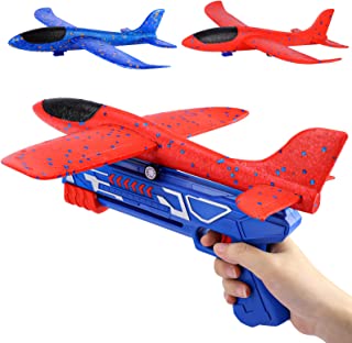 Glider Planes Launcher Toy, Airplane Throwing Foam Aeroplanes with Catapult Gun, Outdoor Garden Airplane Activities Toys Games Birthday Present Gift for Kids Age 3 4 5 6 7 8 9 10 Years Old Boys Girls