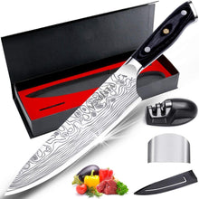 MOSFiATA Chef Knife, Ultra Sharp Kitchen Knife 8 inch, Premier High Carbon German EN1. 4116 Stainless Steel, Full Tang Blade Pro Chopping Cooking Knife with Knife Sharpener Finger Blade Guard Gift Box