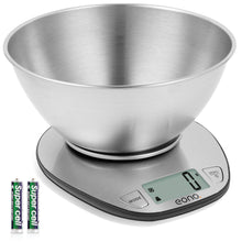 Amazon Brand - Eono Electronic Kitchen Scale Premium Large Display Backing Scale Wet and Dry Food Weighing Scale with Stainless Steel Mixing Bowl - 5kg