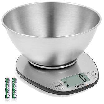 Amazon Brand - Eono Electronic Kitchen Scale Premium Large Display Backing Scale Wet and Dry Food Weighing Scale with Stainless Steel Mixing Bowl - 5kg