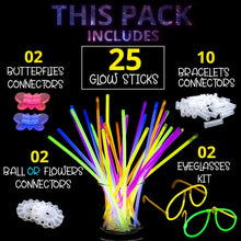 Ammy Glow 25 Premium Glow Sticks for Children Party Pack 8 inch with Connectors to make Neon Bracelets,Necklaces,Eye Glasses and Balls for Party Supplies-Multi Coloured