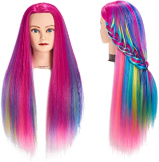 26"-28" Mannequin Head Hair Styling Training Head Manikin Cosmetology Doll Head Synthetic Fiber Hair Hairdressing training model with free clamp (Colorful) (6RB1711W0320)