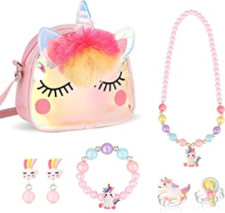 Hifot Unicorn Crossbody Bag Purse with Jewelry Set Little Girls, Unicorn Princess Necklace Bracelet Rings Earrings Handbag Accessories, Jewelry Party Favors Gift Dress Up