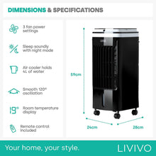 LIVIVO 80W Evaporative Air Cooler - Portable AC With LED Display Remote Timer - 3 Position Speed Adjustment - Cooler/Humidifier Function - 120 Oscillating Swing Function