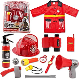 deAO Washable Fireman Costume Set with 13 Fire Fighter Toy Accessories, Storage Backpack and Real Water Shooting Extinguisher - Great for Kids