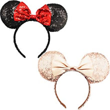 Uooker 2 Pcs Mouse Ears Hair Bands for Women Girls, Glitter Sequin Hair Headband with Cute Bow, Birthday Outfit Lovely Headwear Accessories for Party Decoration Cosplay Costume (Black & Gold)