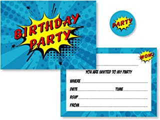 12 x Comic Superhero Style Birthday Party Invitations (Invitations + Yellow Envelopes & Stickers)