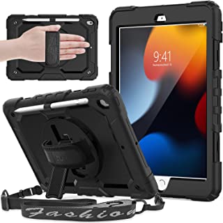 SEYMAC iPad 10.2 inch Case, iPad 9th/8th/7th Generation 2021/2020/2019 Case,Heavy Duty Shockproof Case with Screen Protector,360° Rotating Stand/Hand Strap,pencil holder for iPad 9/8/7(10.2inch)-Black