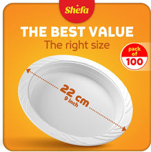 Shefa Pack of 100 White Plates - Plastic Plate, Reusable & Washable, Heavy Duty Dinnerware, Microwave-Safe Crockery - Ideal for Birthday, Parties, Camping, Catering (9 inch Plates, White)