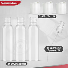 SPRAYZ Travel Bottles for Toiletries 100ml x3 Small Plastic Reusable Bottles Travel Accessories Disc Top Lids plus Additional Spray Mist Nozzle 7PCS - Travel Size Approved