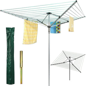 Heavy Duty 4 Arm 50 Metres Rotary Clothes Airer/Dryer Washing Line with Metal Ground Spike or socket and Waterproof Protective Cover Included Outdoor Laundry Washing Line Whirlygig (50m)