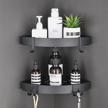 TRUSTLIFE Bathroom Corner Shelf Black Shower Caddy Corner Adhesive Shower Organiser Space Aluminum Shower Shelves No Drilling with Hooks, Wall Mounted Bath Shelf for Bathroom, Wetroom - 2 Pack