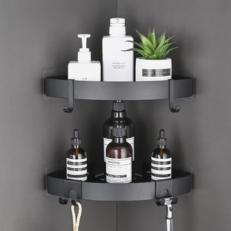 TRUSTLIFE Bathroom Corner Shelf Black Shower Caddy Corner Adhesive Shower Organiser Space Aluminum Shower Shelves No Drilling with Hooks, Wall Mounted Bath Shelf for Bathroom, Wetroom - 2 Pack