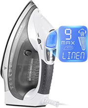 BEAUTURAL 2400 W Steam Iron with LCD Display, Variable Temperature and Double Ceramic Coated Soleplate, 8 ft Power Cord and 340ML Tank-White/Grey