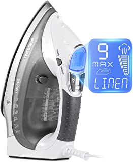 BEAUTURAL 2400 W Steam Iron with LCD Display, Variable Temperature and Double Ceramic Coated Soleplate, 8 ft Power Cord and 340ML Tank-White/Grey