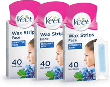 Veet Wax Strips For The Face, Sensitive Skin Facial Hair Removal (Pack Of 3 x 40 Cold Wax Strips, Total 120 Wax Strips)