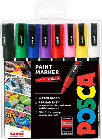 POSCA PC-3M Water Based Permanent Marker Paint Pens. Fine Tip for Art & Crafts. Multi Surface Use On Wood Metal Paper Canvas Cardboard Glass Fabric Ceramic Rock Stone Pebble Porcelain. Set of 8