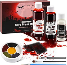 Fake Blood Halloween, SFX Makeup Kit 1*48ml Dark Red Blood, 1*58ml Fresh Blood, 1*28ml Liquid Latex, 1* Face Paint Kit, Makeup Brushes Sponges Create Zombie Skin Scare Scar Amazing Halloween Makeup