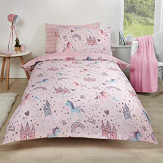 Dreamscene Unicorn Kingdom Duvet Cover with Pillow Case Reversible Star Stripe Bedding Set, Girls Fairy Castle Pink - Single