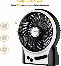 EasyAcc Battery Fan, Portable Rechargeable Desk Fan Strong Airflow Silent Personal Mini USB fan 3 Speeds with Flashlight & Blue Light Table Cooling Fan for Office Traveling Fishing Camping - Black