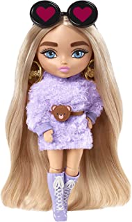 Barbie Extra Minis Doll #4 (5.5 in) Wearing Fluffy Purple Fashion, with Doll Stand & Accessories Including Teddy Ears and Sunglasses, Gift for Kids 3 Years Old & Up