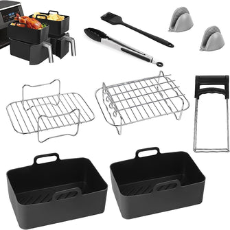 Air Fryer Accessories for Ninja Dual AF300UK AF400UK, Reusable Air Fryer Silicone Liner, Stainless Steel Grilling Rack with 4 Skewers, Oil Brush and Kitchen Tongs